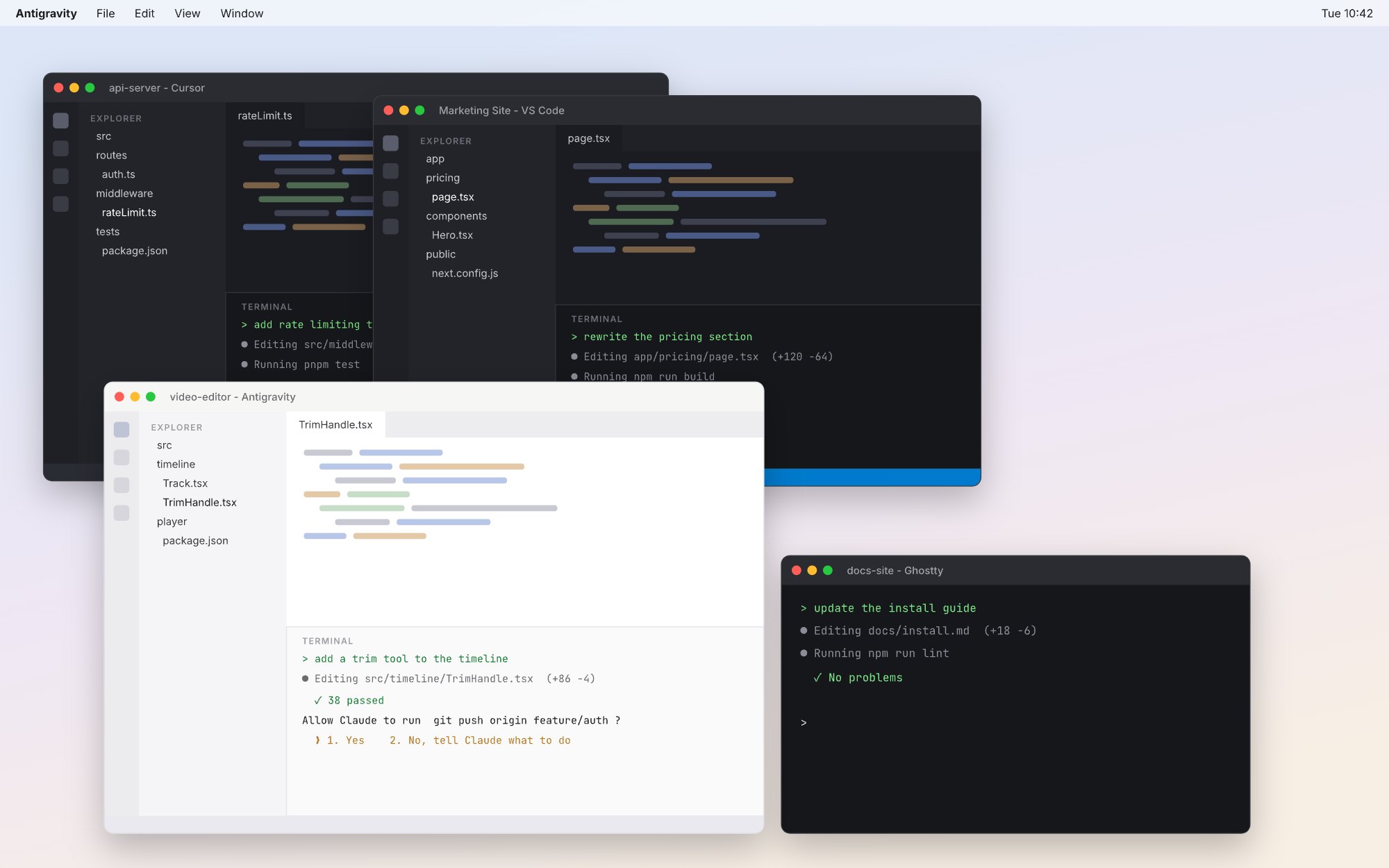 Bốn cửa sổ Cursor, VS Code, Antigravity và Ghostty chồng lên nhau, mỗi cửa sổ chạy một agent. Lần lượt hiện lên: Chờ bạn duyệt từ 10:28. Xong từ 14 phút trước mà không ai hay. Vẫn đang chạy hay kẹt rồi? docs-site nằm ở cửa sổ nào?