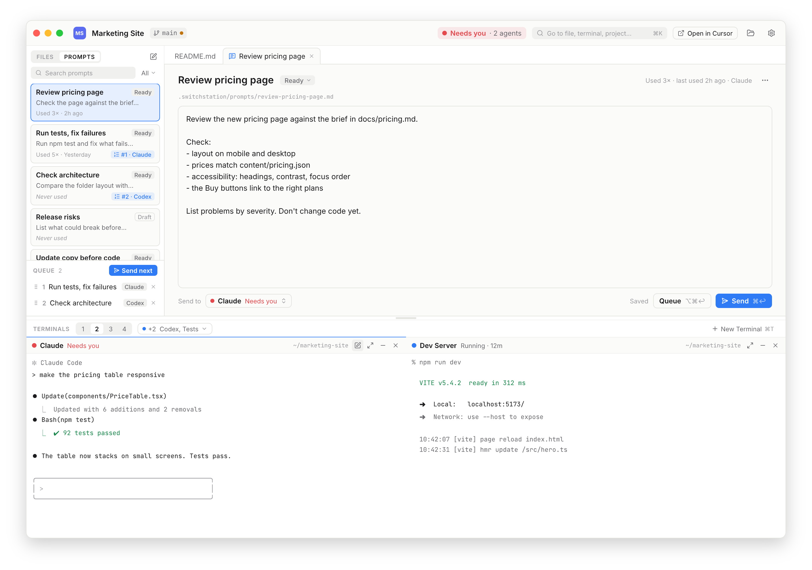 Tab Prompts trong SwitchStation Workspace: danh sách prompt đã lưu, hàng đợi và khung soạn đang gửi tới terminal Claude.